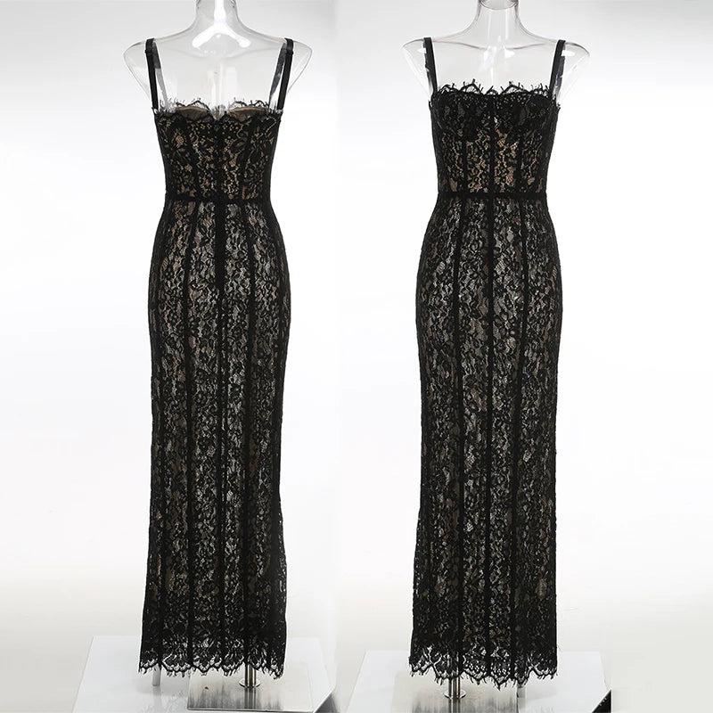 Black Lace Patwork Sleeveless Maxi Dress for Women.