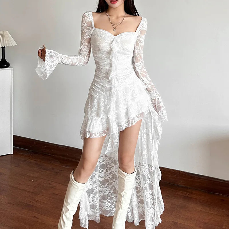 Women’s Goth Dark Fairycore Lace Flare Sleeve Square Neck A-line Dress.