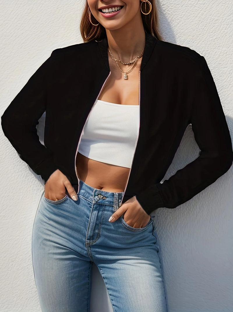 Solid Color Zip Up Jacket, Elegant Long Sleeve Baseball Collar.