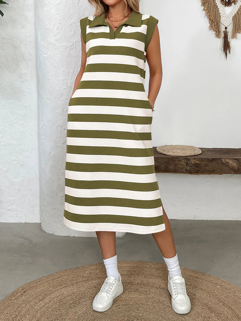 Women's Striped Pocket Lapel Sleeveless Long Dress Fashion.