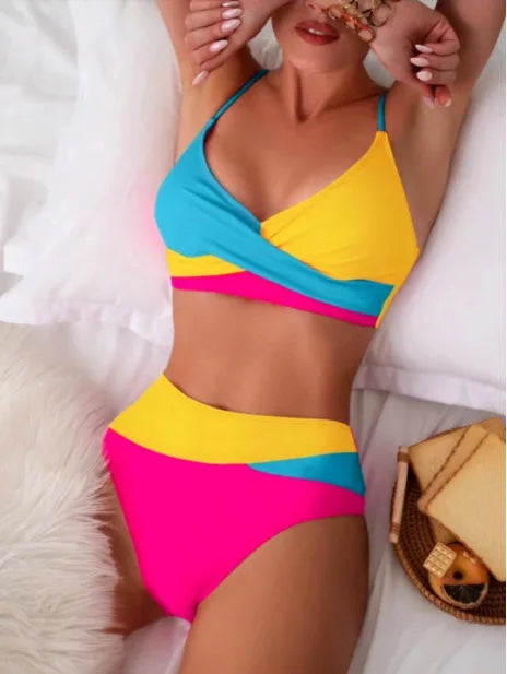 Patchwork Two-Piece bikini Swimsuit Sexy Women Tight Hollow Swimsuit.