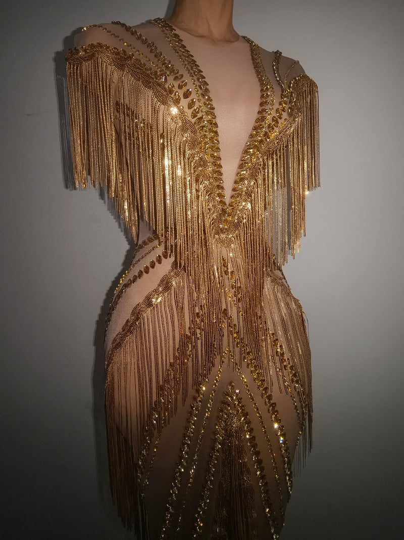 Women Sexy Mesh Sparkly Rhinestone Tassels Stretch Long Dress.