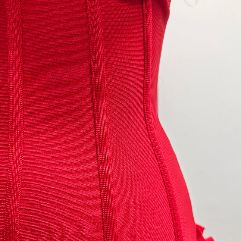 VC Christmas Dress Strapless Backless Red Structured Floral Embellished Mini Length.