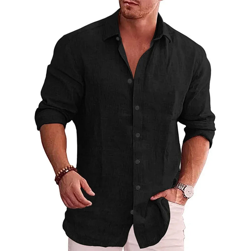 Cotton Linen Autumn Hot Selling Men's Long Sleeve Shirt Solid Color.