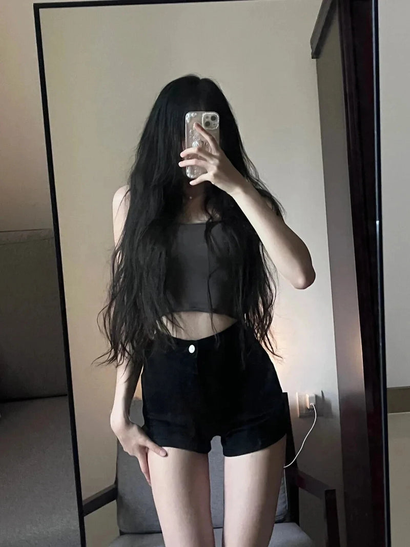 Black High-Waist Skinny Jeans Shorts for Women Trendy Slimming Booty.