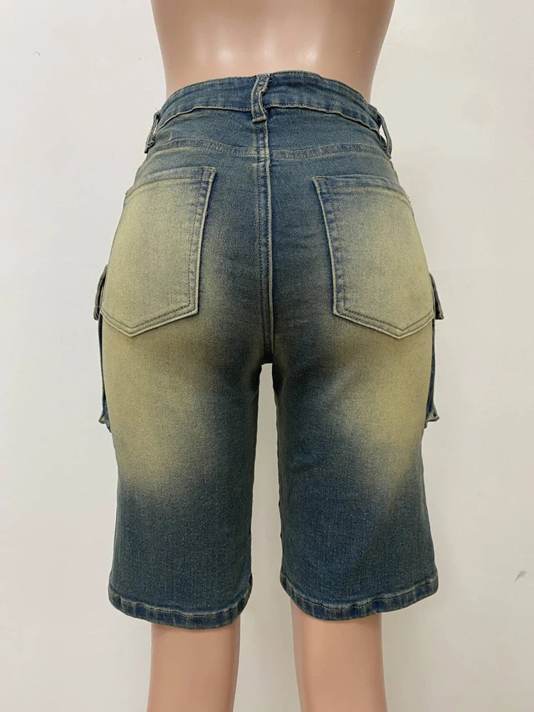 Summer Women High Waisted Jean Shorts Washed Pockets Elastic Straight.
