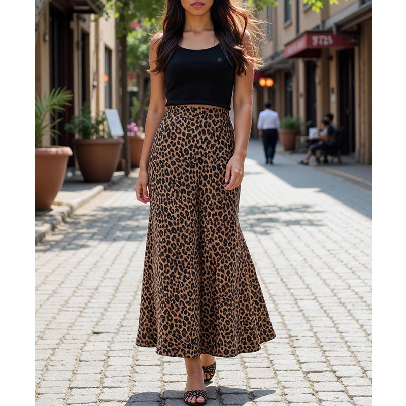 Leopard Print Long Skirt Woman High Waist Midi Skirts for Women.