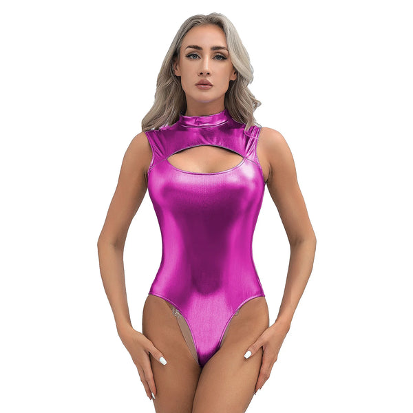 Women Sexy One Piece Swimsuit Fashion Metallic Cutout Bodysuit Sleeveless.