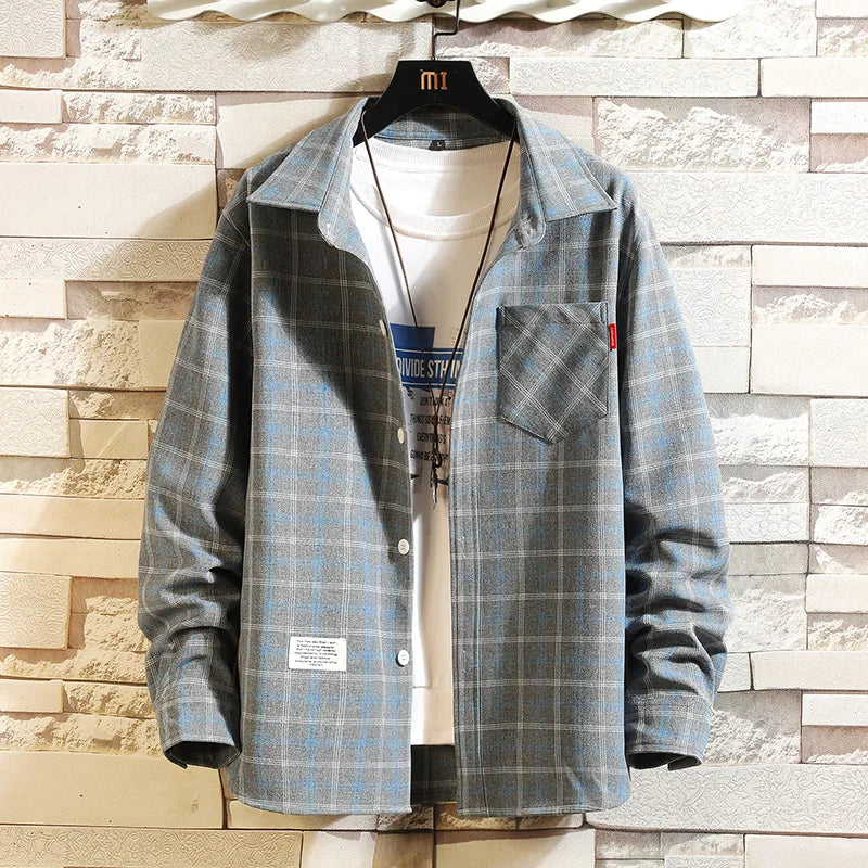 Summer Men's Plaid Shirt Button Pocket Casual Fashion Elegant Long sleeve.