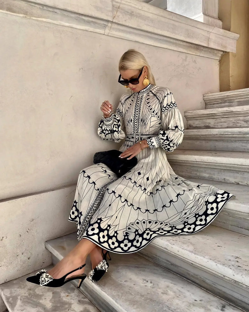 Retro Elegant Stand Collar Long Dress Women Spring Pattern Print.