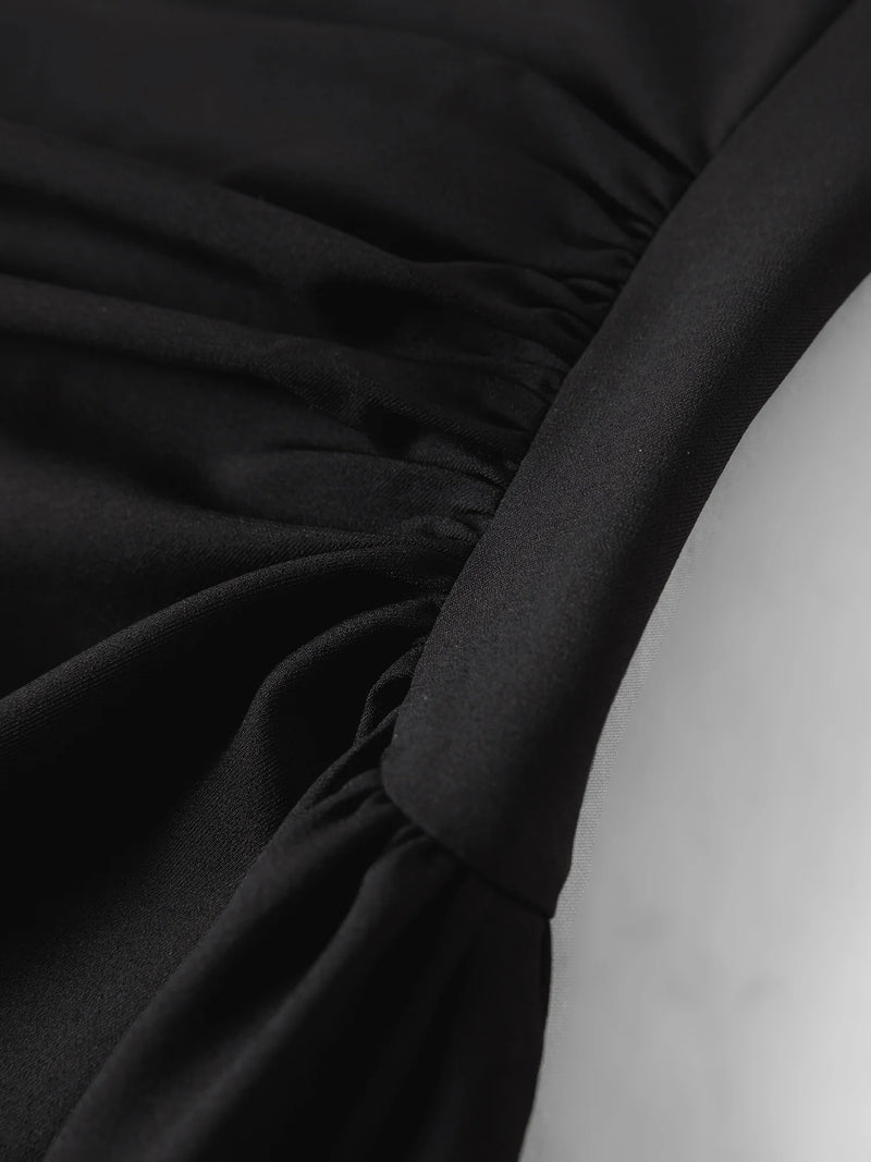 Women's Black Midi Dress, Crew Neck Short Sleeve Waist-Cinching.