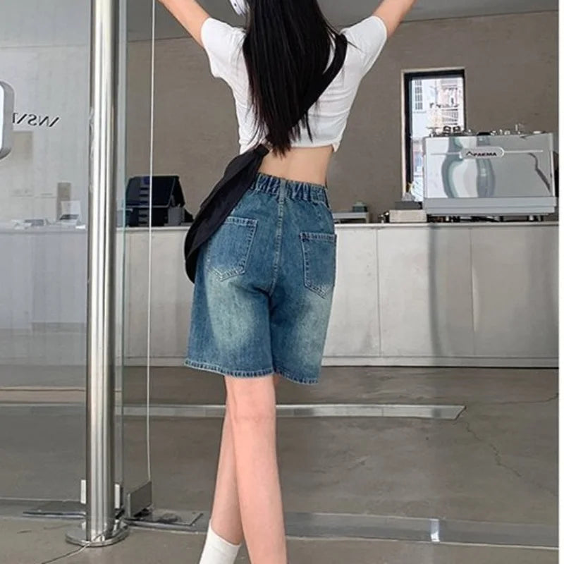 Women's Denim Shorts American Retro High-Waisted Jean Shorts.