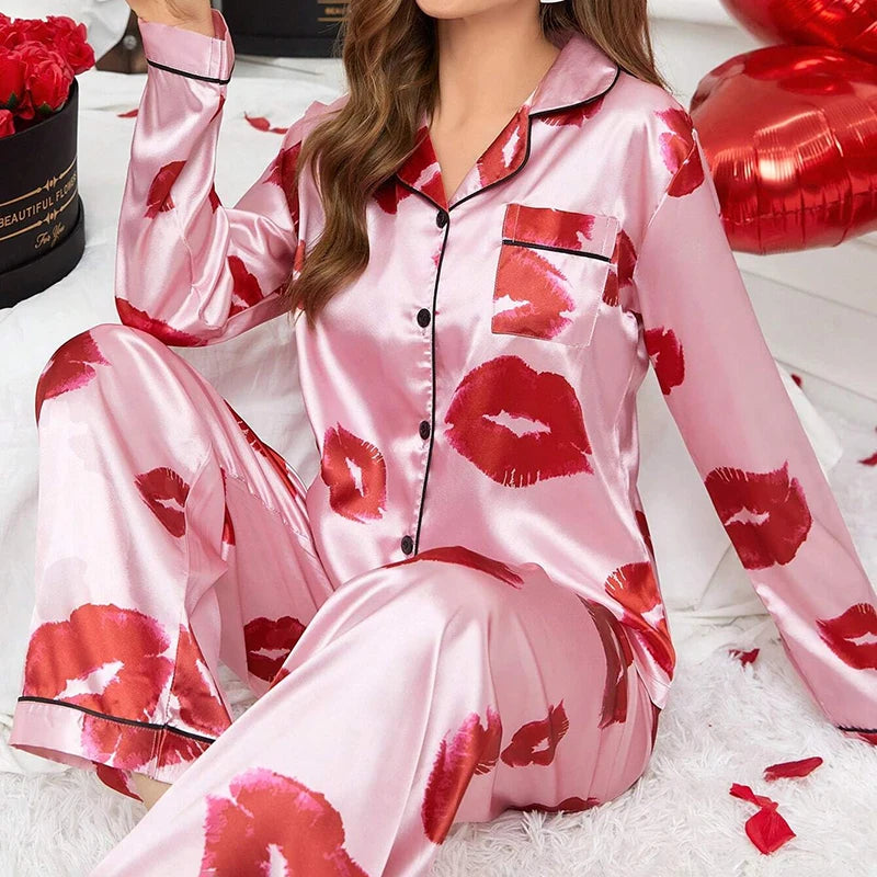 Cute Cat Print Pajama for Women Satin Long Sleeve Lapel Collar Tops & Pants Pyjama.