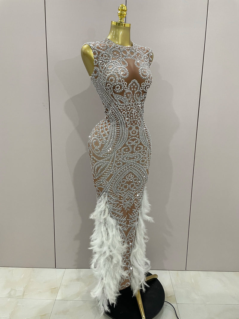 Women Sparkly Rhinestone Feathers Sleeveless O Neck Bodycon Long Dress.