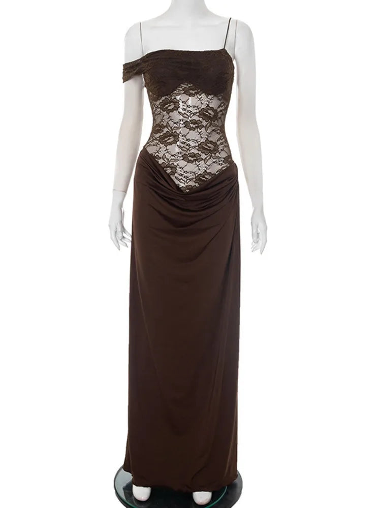 Women’s Mozision One Shoulder Lace See Through Sexy Maxi Dress.