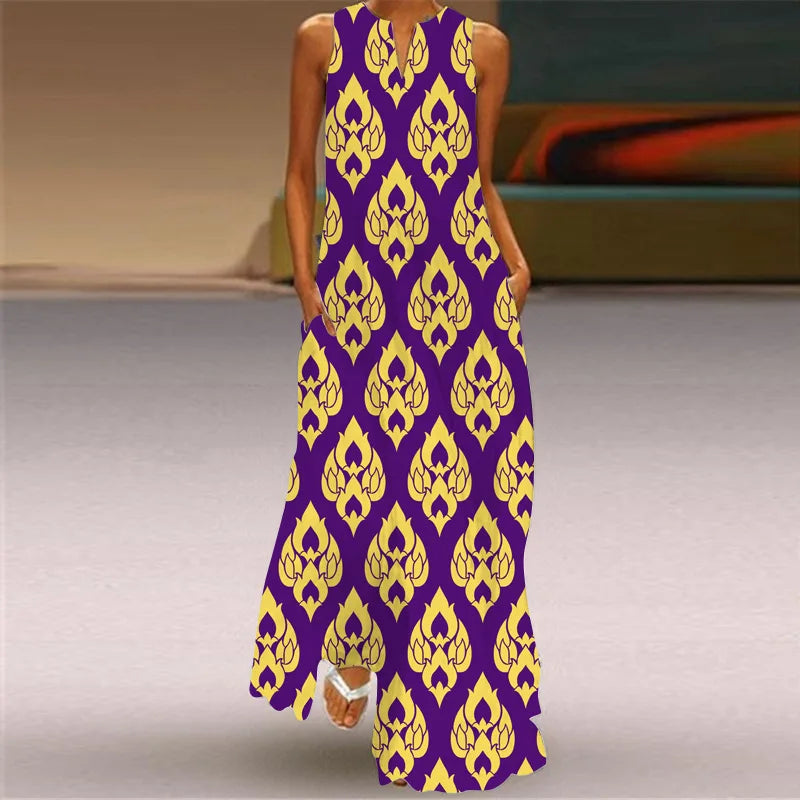 Vintage Print Maxi Dress For Women.