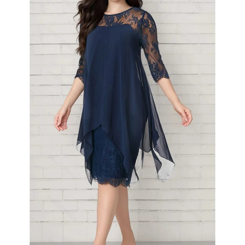 Plus Size Female Dresses Lace Patchwork Asymmetric Hem Loose Waist Three-quarter.