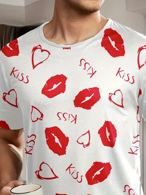 Men's pajama set with lips, "kiss", and heart-shaped prints.