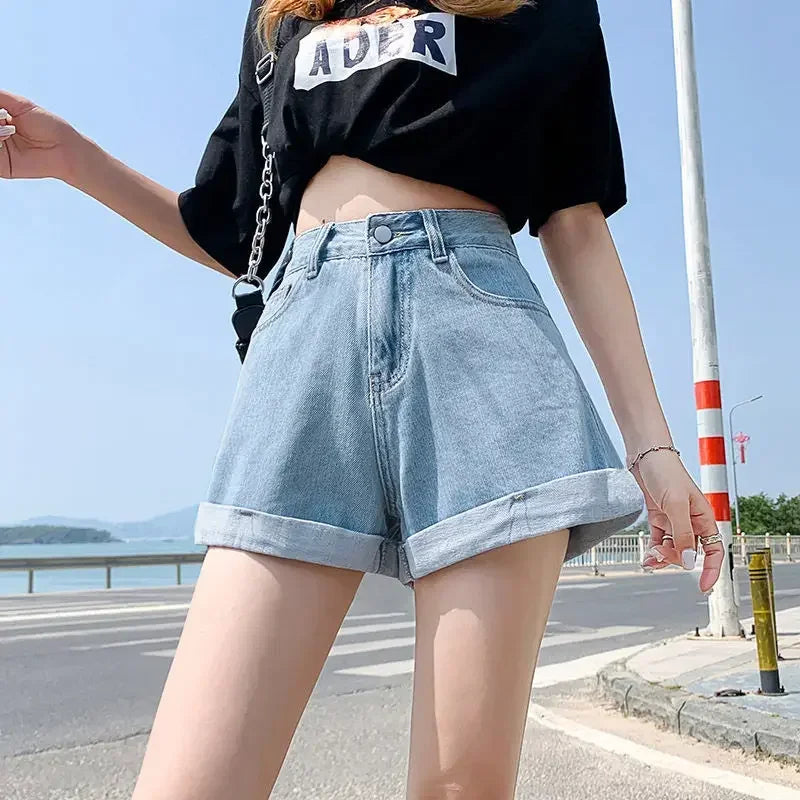 Summer Women Denim Shorts High Waist Blue Cotton Wide-leg Short.