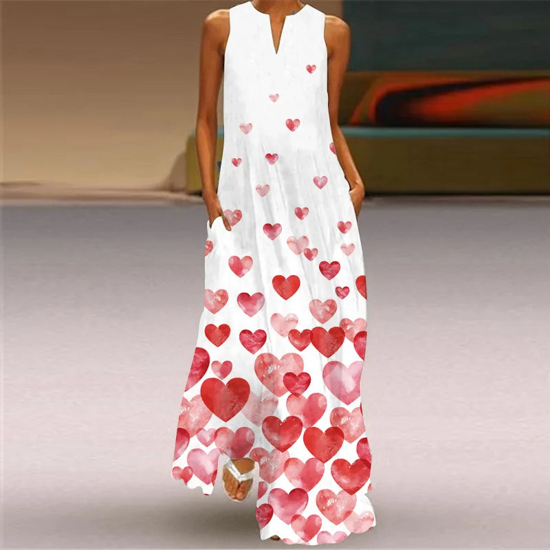 3D Floral Printed Dress Summer Vintage V-neck Sleeveless Loose Maxi Dress Elegant.
