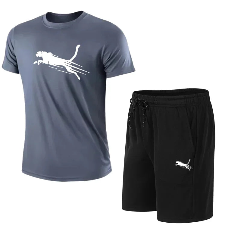 Summer Men's Running Set Cheetah Print Casual T-shirt And Shorts Two-Piece.