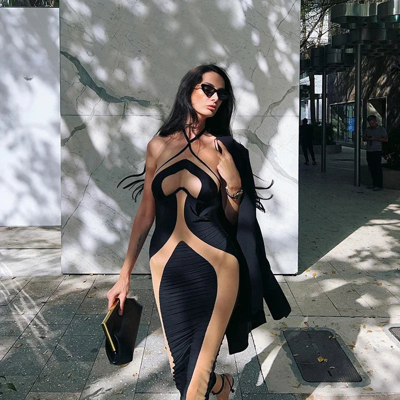 Mesh Patchwork Halter Neck Dresses for Women.