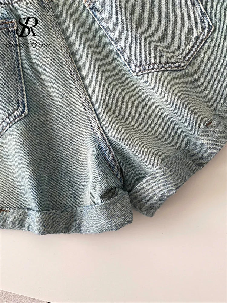 SINGREINY Beading Denim Streetwear Shorts Ladies Slim.