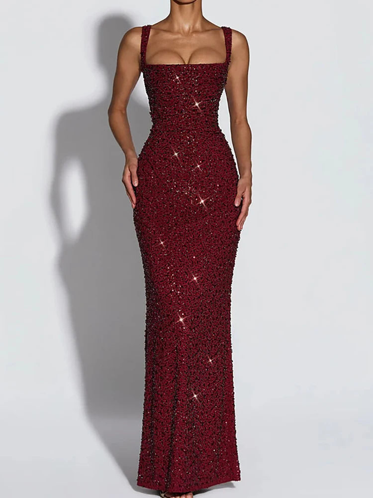 Square Collar Spaghetti Strap Chic Maxi Dress for Women.