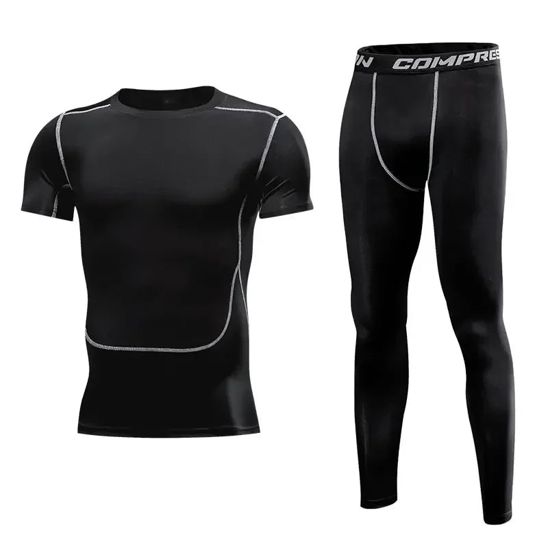 Men Sports Running Set Compression Shirt + Pants Skin-Tight Long Sleeves.