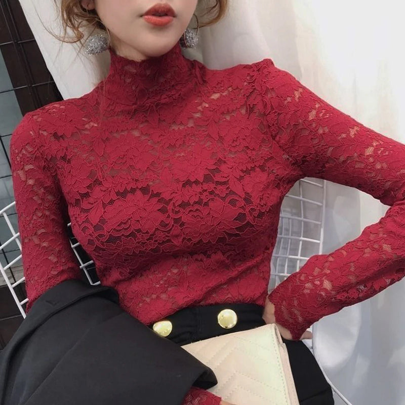 Stretch Floral Lace Petal Sleeve Shirt Women's Long Sleeved T Shirt Ladies.