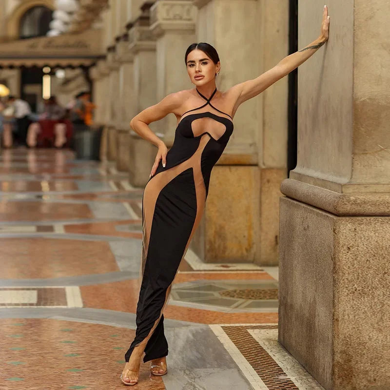 Mesh Patchwork Halter Neck Dresses for Women.