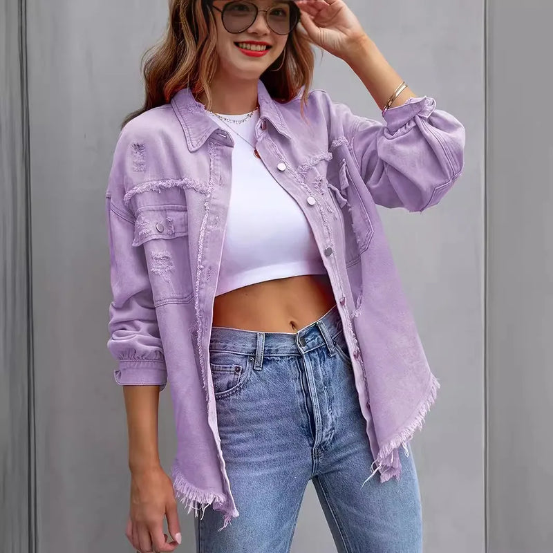 Mid-length Hole Long-Sleeved Denim Jacket Denim Jacket Women.