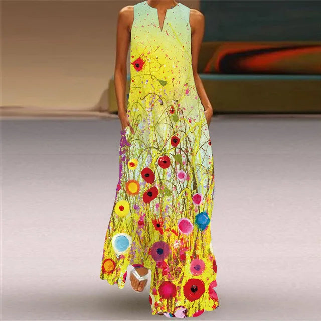 3D Floral Printed Dress Summer Vintage V-neck Sleeveless Loose Maxi Dress Elegant.