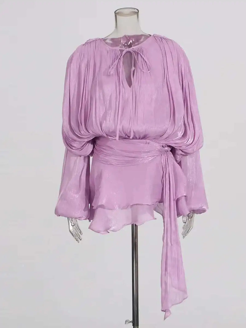 TWOTWINSTYLE Solid Blouse Mini Dresses For Women V Neck Long Sleeve.