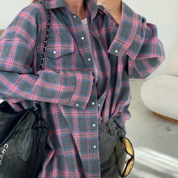 Women Oversized Long Sleeve Plaid Shirt Blouse Tops Autumn Winter.