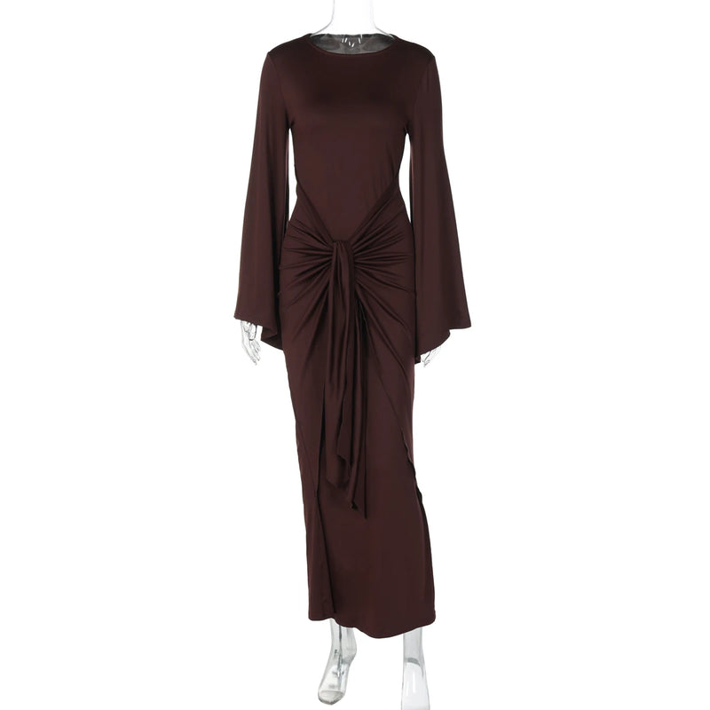Dulzura Autumn Fashion Elegant O-Neck Long Flare Sleeve Ruched Slim Fit Ribbon.