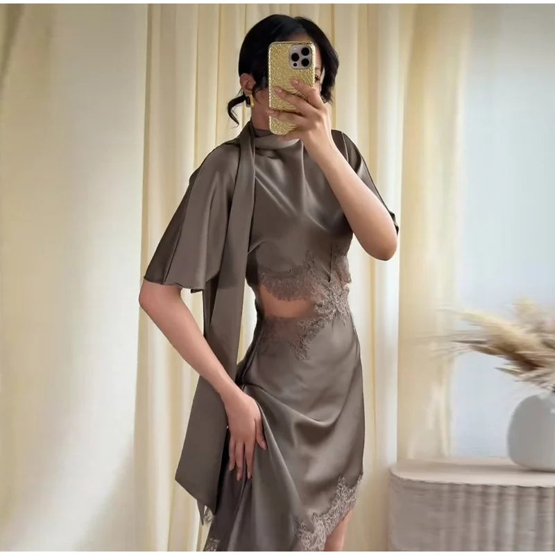 Lace Hollow Out Women Mini Dress Elegant Satin Scarf.