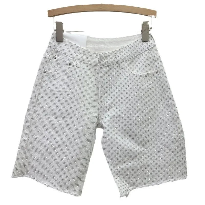 Denim Shorts Women Short Pants Diamonds High Waist.