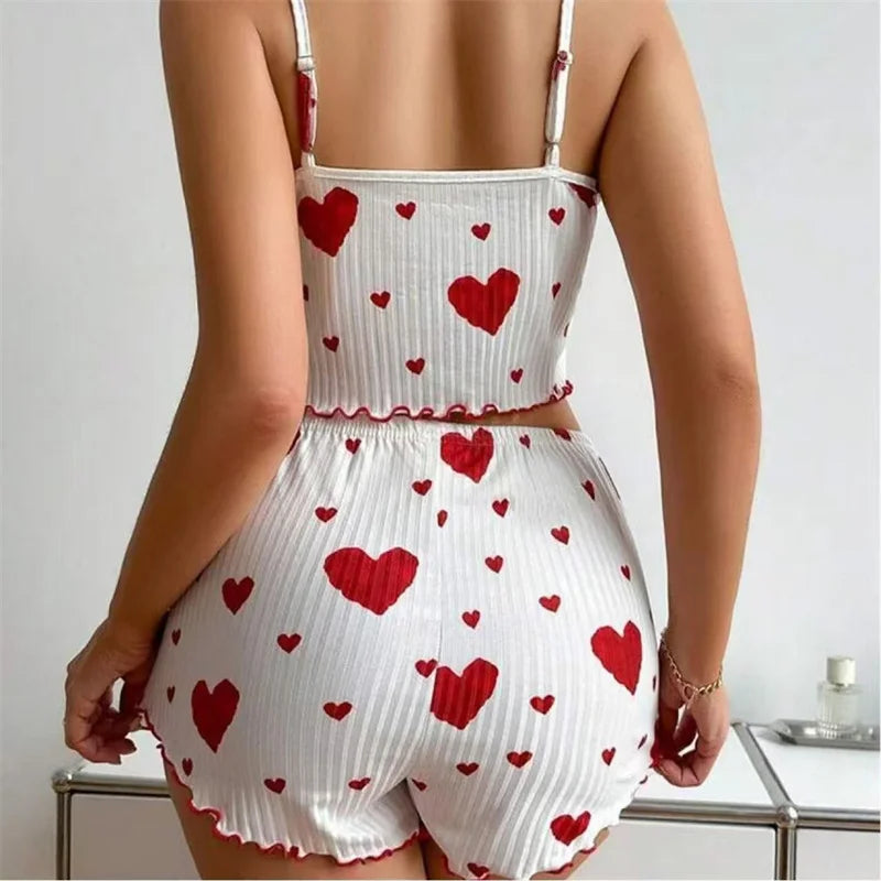 Women's Pajamas Set Straps Sleepwear Vest + Shorts Red Heart Print.