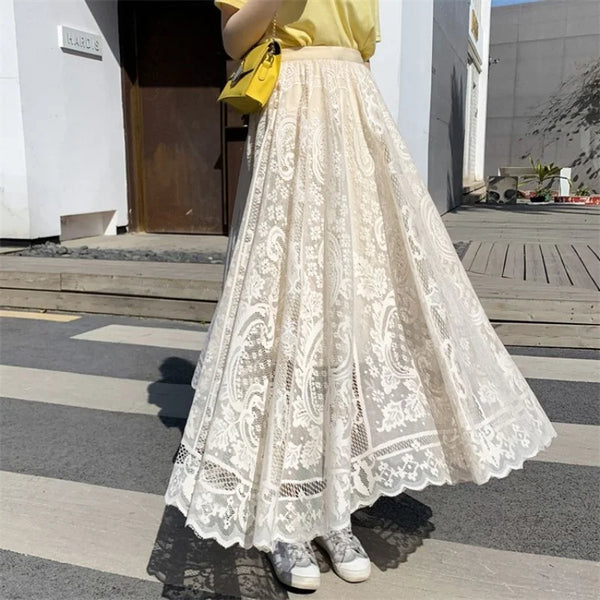 Elegant Lace Mesh Skirt for Women Lace Skirts High Waist Summer Long Skirt.