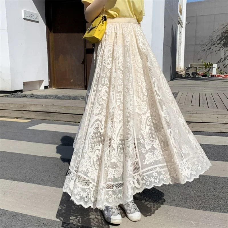 Elegant Lace Mesh Skirt for Women Lace Skirts High Waist Summer Long Skirt.