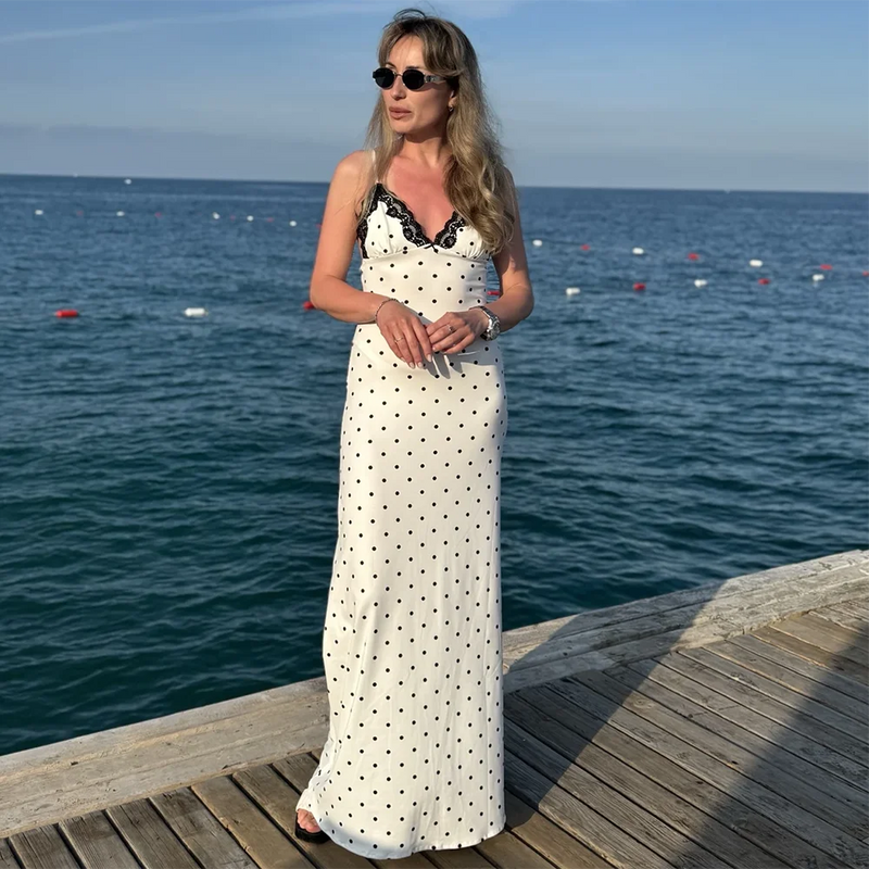 Women's Elegant Retro V-Neck Polka Dot Sleeveless Dress.