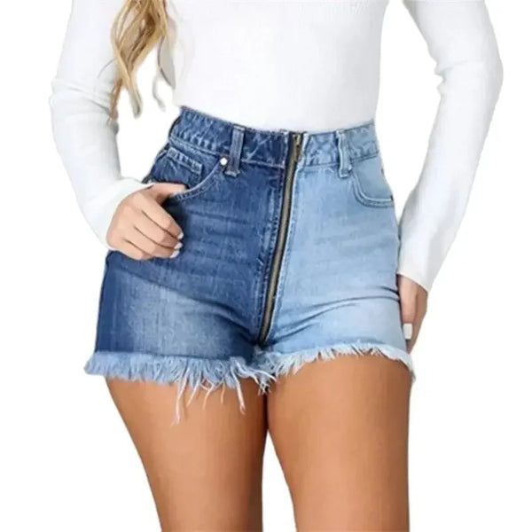 Fashion Front Zipper Open Crotch Denim Shorts Women.