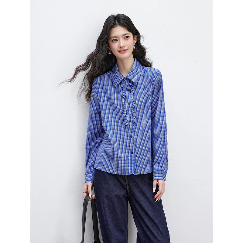VIMLY Women's Plaid Shirt Spring New Ruffle Lapel Collar Contrast Button.