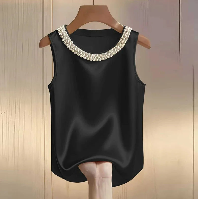Elegant Satin Shirt Women Summer Bead Design Silk Blouse Women.