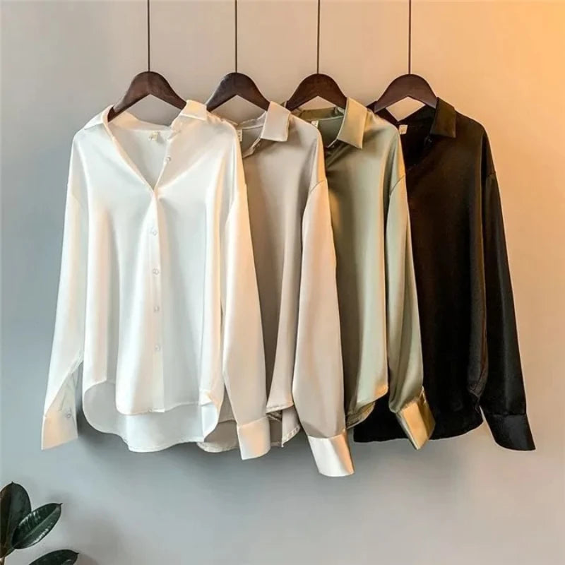 Elegant Satin Loose Women Shirt Spring Turn-down Collar Ladies Blouse.