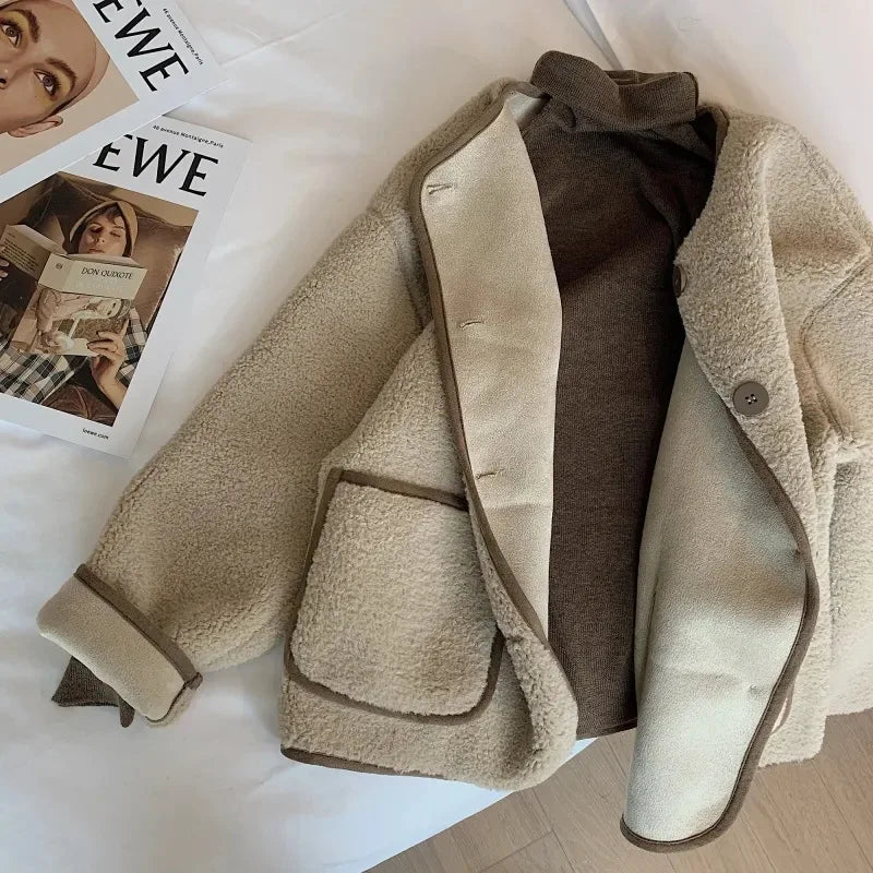 Khaki round Neck Lamb Fur Jacket Women's Loose Fit Short Size.