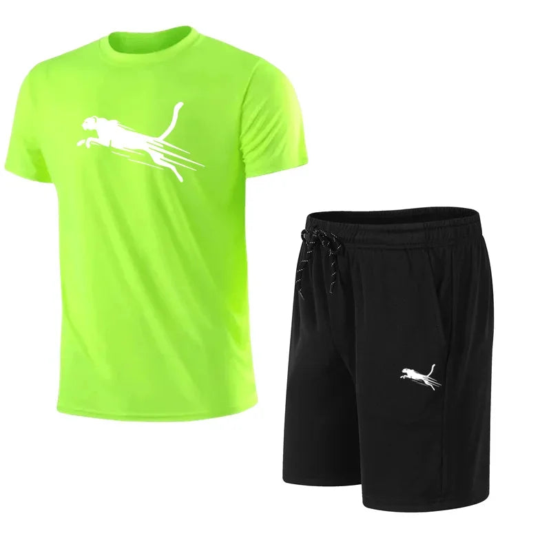 Summer Men's Running Set Cheetah Print Casual T-shirt And Shorts Two-Piece.