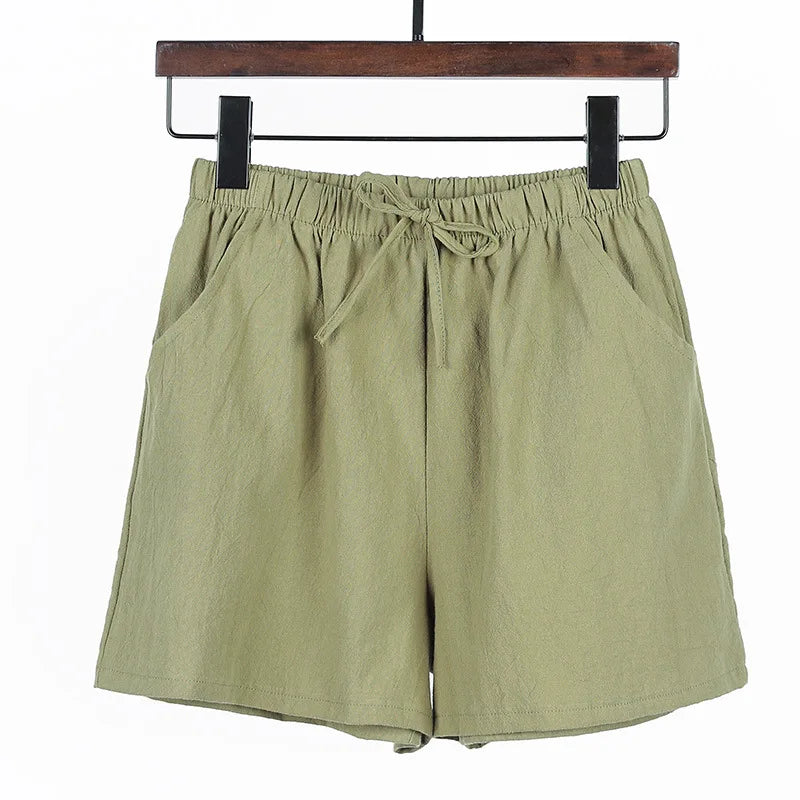 Women Summer Cotton Shorts Casual Solid Pockets Basic Shorts Elastic Waist.