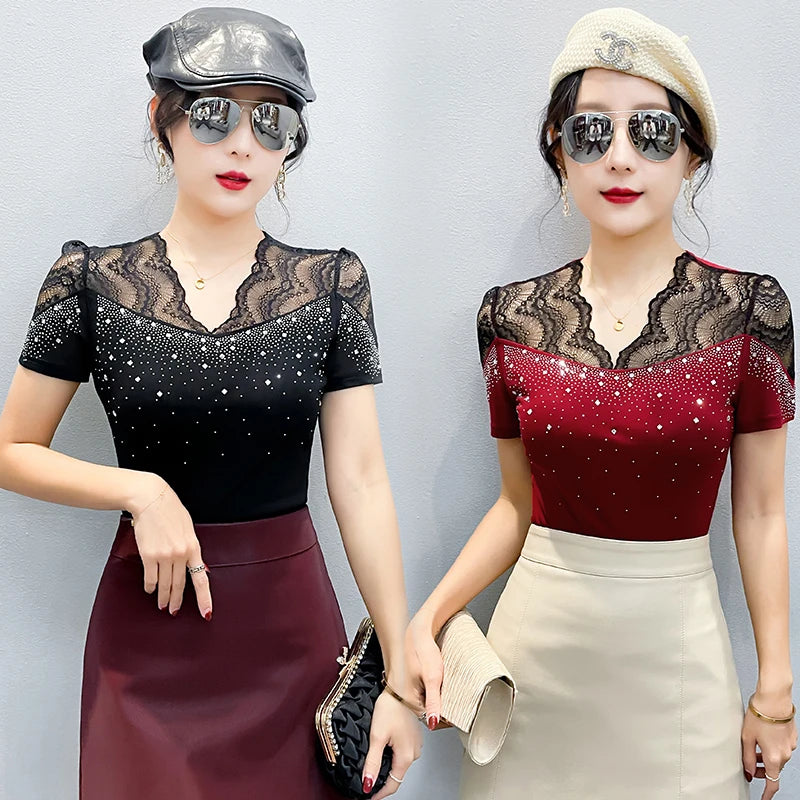 Summer Women Tops New Korean Fashion Diamond Mesh T Shirt V-neck.